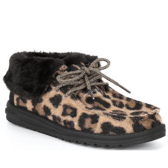 Hey Dude Shoes Shoes - HEYDUDE Black & Tan Brit Leopard Print Faux Fur Trim Slip On Shoes